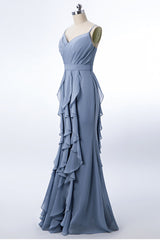 Dusty Blue Formal Dress Mermaid Wedding Guest Dress Chiffon with Ruffles - MyChicDress