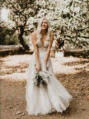 Elegant Lace Applique A Line Real Wedding Gowns V Neck Sleeveless - MyChicDress