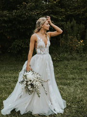Elegant Lace Applique A Line Real Wedding Gowns V Neck Sleeveless - MyChicDress