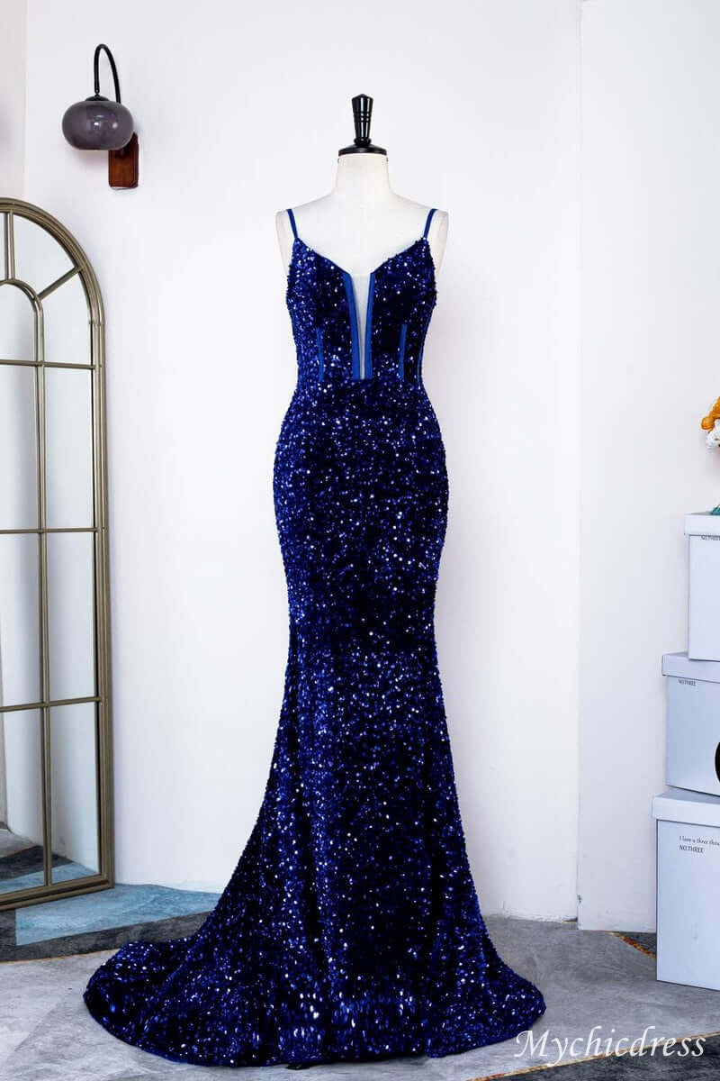 Elegant Mermaid Long Formal Dress Royal Blue Sequin Prom Dress - MyChicDress