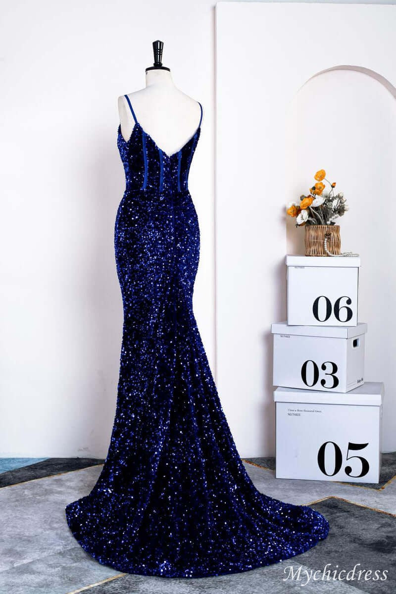 Elegant Mermaid Long Formal Dress Royal Blue Sequin Prom Dress - MyChicDress