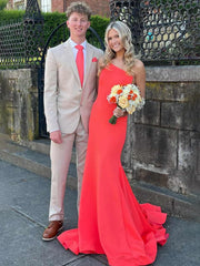 Elegant One Shoulder Orange Prom Dress Mermaid Sleeveless Satin Gowns
