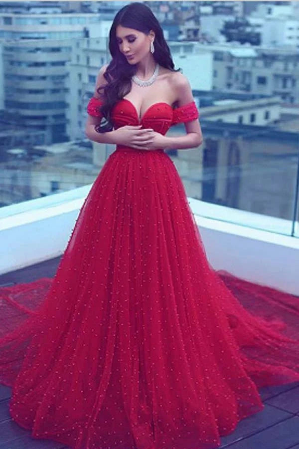 Elegant Red Wedding Dress Beach Off Shoulder A-Line Evening Dress with Pearls