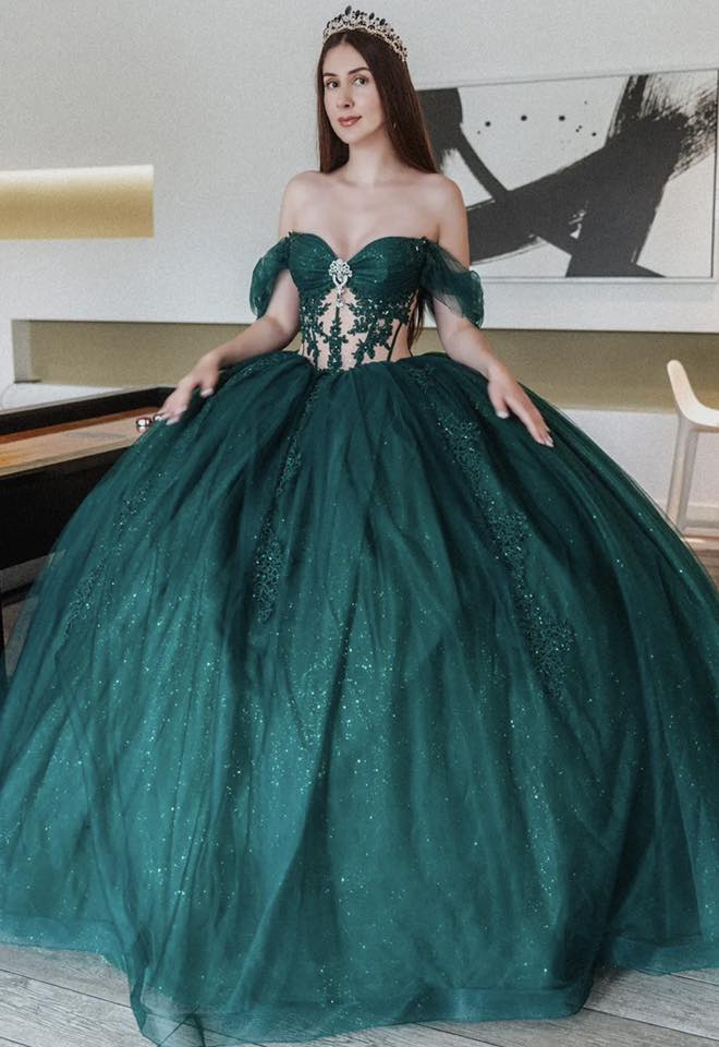 Discount Emerald Green Quinceanera Dresses Lace Tulle Illusion Sweet 16 Gown
