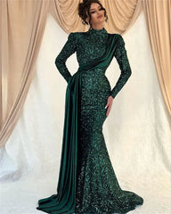Emerald Green Sequin Evening Dress Long Sleeve Mermaid Prom Dress