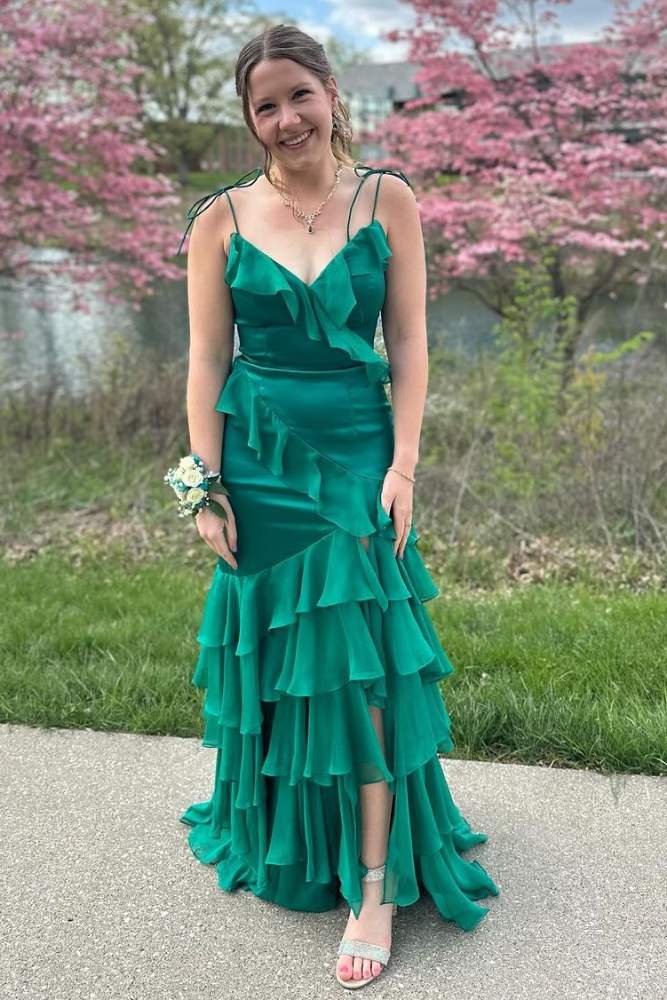 Emerald Green Chiffon Ruffle Prom Dress V-Neck Tiered Guest Dress - MyChicDress