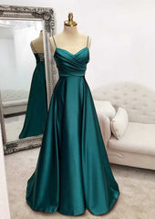 Floor-Length Satin Green Prom Dress A-line  With Pleated