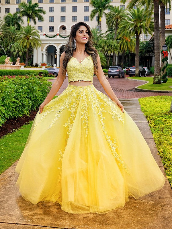 Yellow Lace Two Piece Prom Dresses