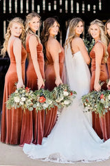 Winter Rust Velvet Bridesmaid Dress V Neck Sleeveless Wedding Guest Dress