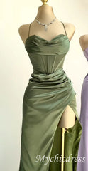 Floor Length Green Mermaid Formal Wedding Guest Dress With Slit - MyChicDress