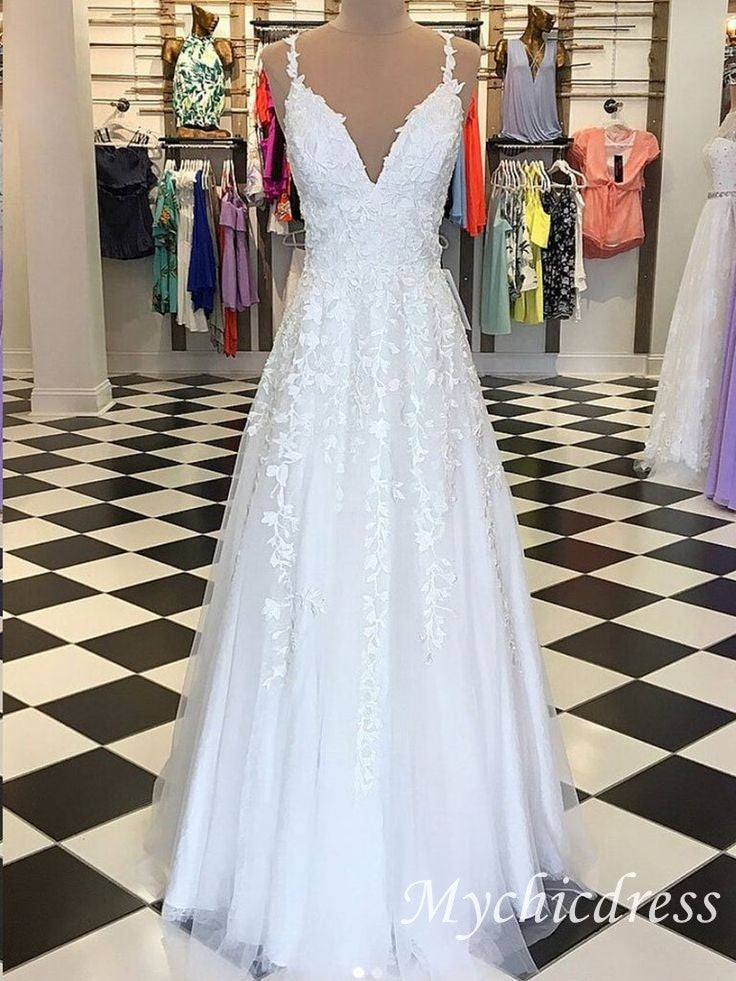 Floor Length Lace White A Line Evening Dresses V Neck - MyChicDress