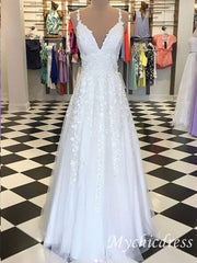 Floor Length Lace White A Line Evening Dresses V Neck - MyChicDress