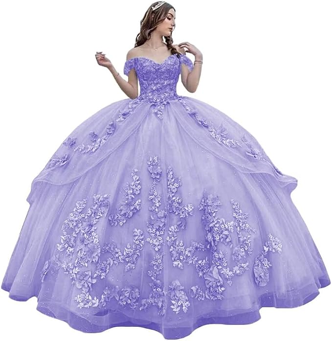 Princess Lace Lilac Quinceanera Dress Ball Gown 3D Flowers Sweet 16 Dress