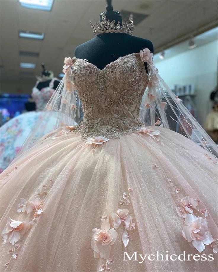 Floral Ball Gown Sweet 16 Dress Pearls Pink Quince Dresses With Wraps - MyChicDress