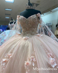Floral Ball Gown Sweet 16 Dress Pearls Pink Quince Dresses With Wraps - MyChicDress