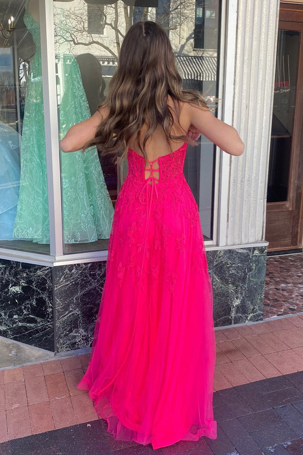Floral Hot Pink 2024 Prom Dresses A-line Long Strapless Appliques - MyChicDress