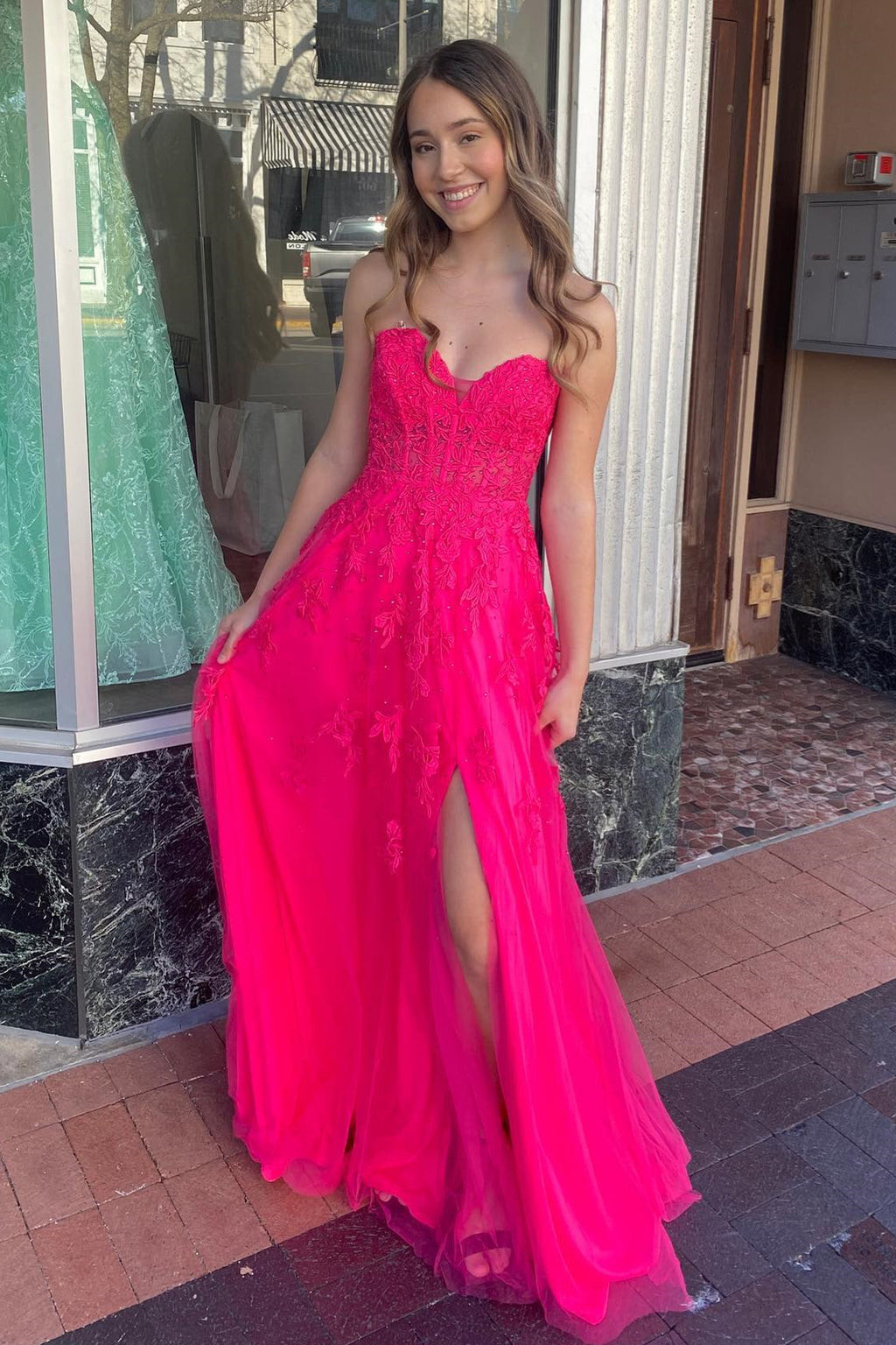 Floral Hot Pink 2024 Prom Dresses A-line Long Strapless Appliques - MyChicDress