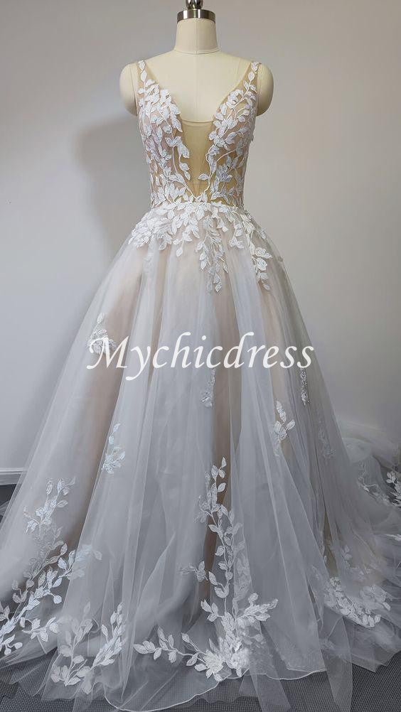 Floral Lace Rustic Wedding Dresses Boho Deep V-neck for Garden Weddings - MyChicDress