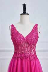 Fuchsia A-line Long Prom Dress Magenta Plunging V Neck Floral - MyChicDress