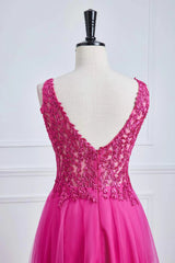Fuchsia A-line Long Prom Dress Magenta Plunging V Neck Floral - MyChicDress