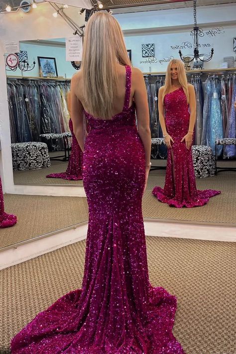 Fuchsia Sequin Prom Dress Long Mermaid Formal Dress Magenta One Shoulder - MyChicDress