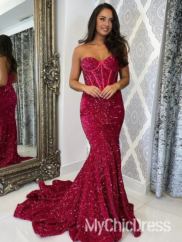 Fully Glitter Sequins Prom Dress Sweetheart Strapless Formal Gowns