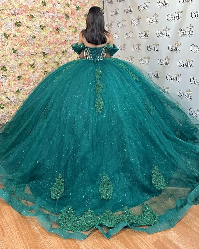 Glitter Emerald Green Vestidos De 15 Anos Tulle Illusion Quinceanera Dresses - MyChicDress