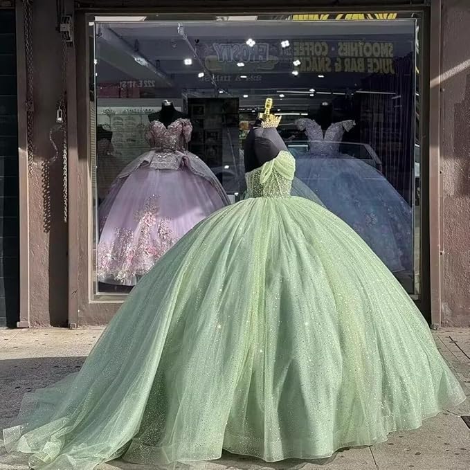 Off the shoulder Glitter Sage Green Quince Dresses Beaded with Bow - MyChicDress