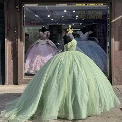 Off the shoulder Glitter Sage Green Quince Dresses Beaded with Bow - MyChicDress