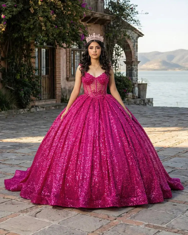 Glitter Sequin Quinceanera Dress Fuchsia Sleeveless Sweet 16 Dress