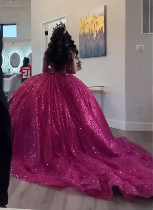 Glitter Sequin Quinceanera Dress Fuchsia Sleeveless Sweet 16 Dress