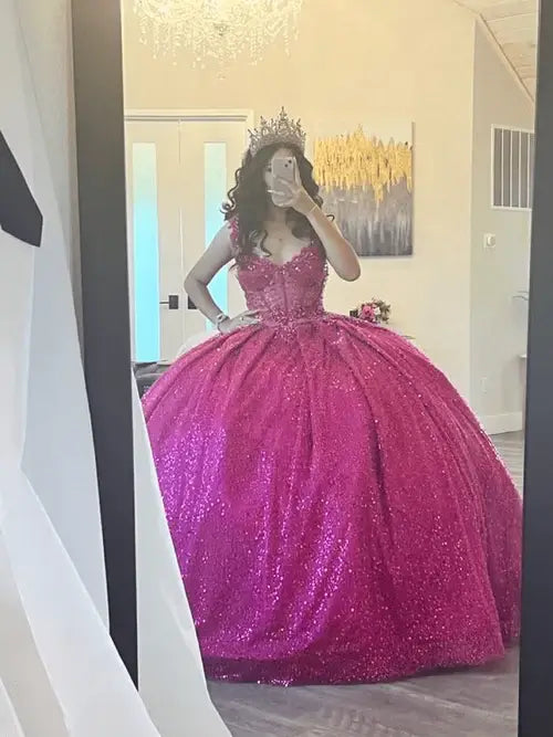 Glitter Sequin Quinceanera Dress Fuchsia Sleeveless Sweet 16 Dress