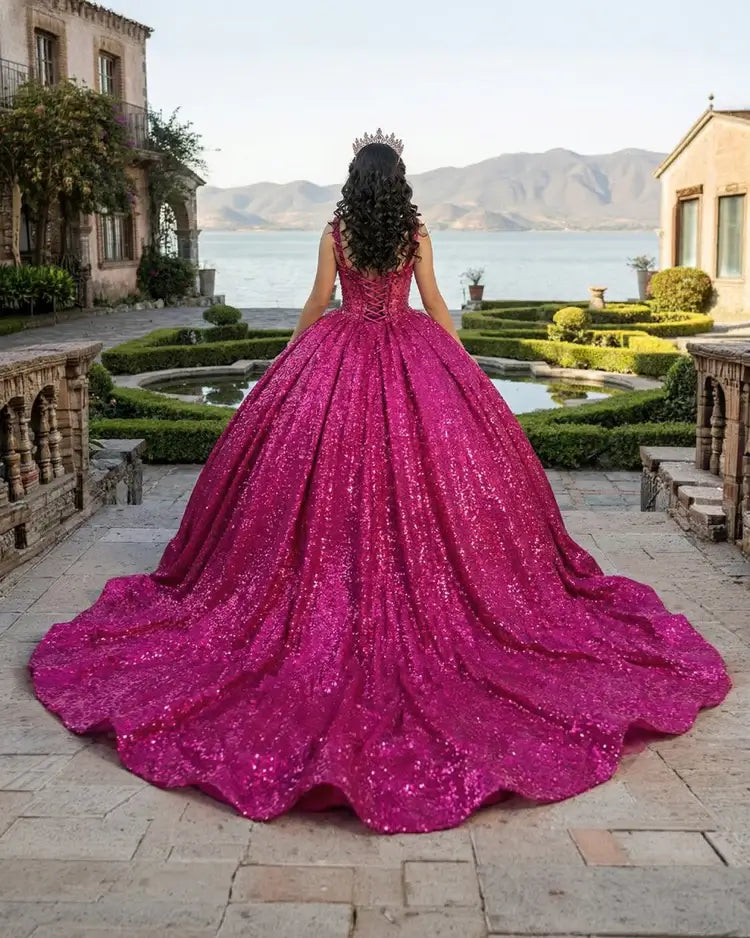 Glitter Sequin Quinceanera Dress Fuchsia Sleeveless Sweet 16 Dress