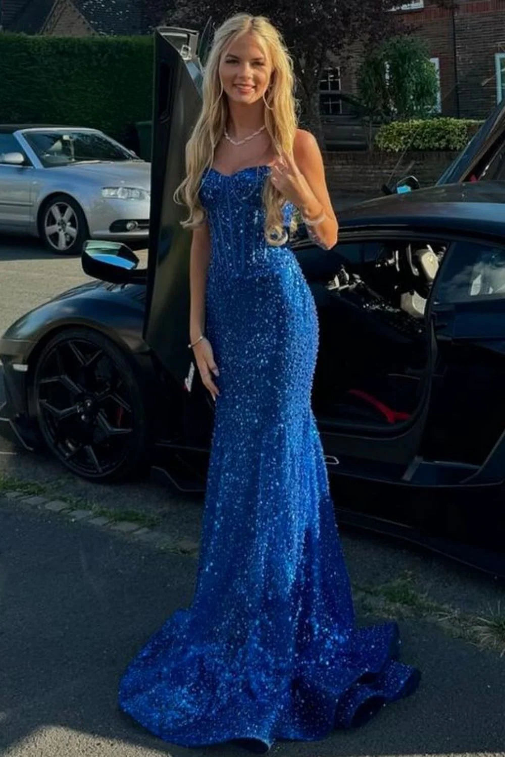 Glitter Blue Prom Formal Dress Long Mermaid Spaghetti Straps