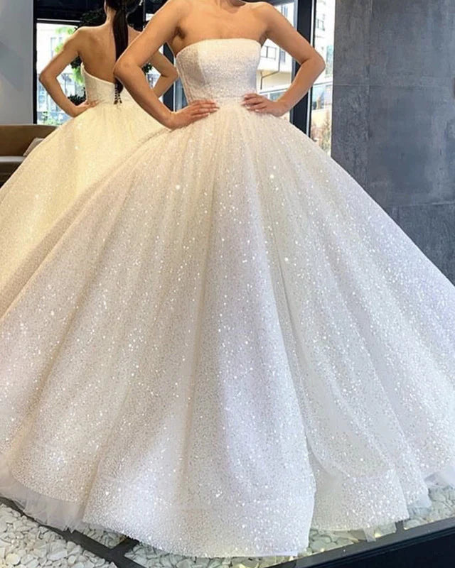 Glitter Ball Gown Bling Bling Bodice Corset Wedding Dresses Strapless Sequin - MyChicDress