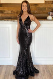 Glitter Black Mermaid UK Prom Dress Deep V Neck Long Evening Dress Sequins