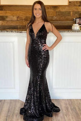 Glitter Black 2024 UK Prom Dress Deep V Neck Long Evening Dress Sequins