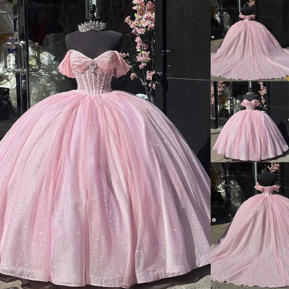 Glitter Pearls Pink Quinceanera Dresses Ball Gowns Sweet 15 16 Birthday Dress - MyChicDress