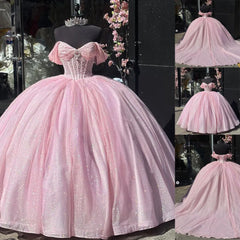 Glitter Pearls Pink Quinceanera Dresses Ball Gowns Sweet 15 16 Birthday Dress