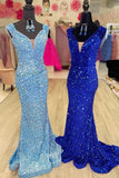 Glitter V-Neck Sequins Formal Dress Cap Sleeves Long Mermaid Prom Dress