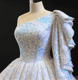 Glitter White Sequin Wedding Dresses One Shoulder Ball Gown Quinceanera Dress