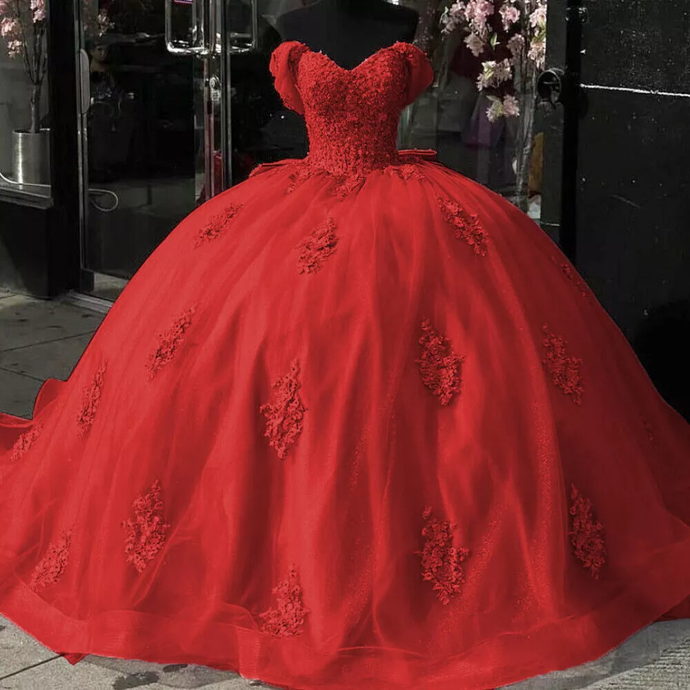 Glitter Ball Gown Vintage Pink Quinceanera Dresses Lace Off the Shoulder with Bow