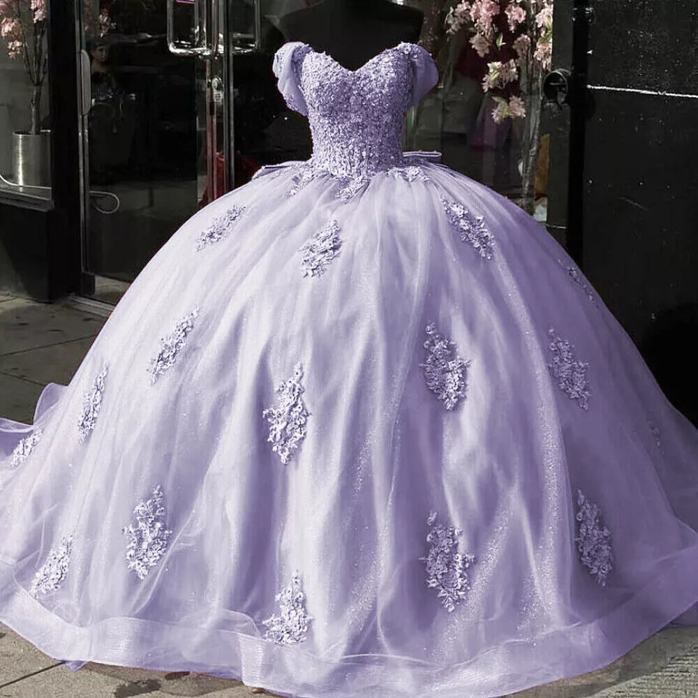 Glitter Ball Gown Vintage Pink Quinceanera Dresses Lace Off the Shoulder with Bow