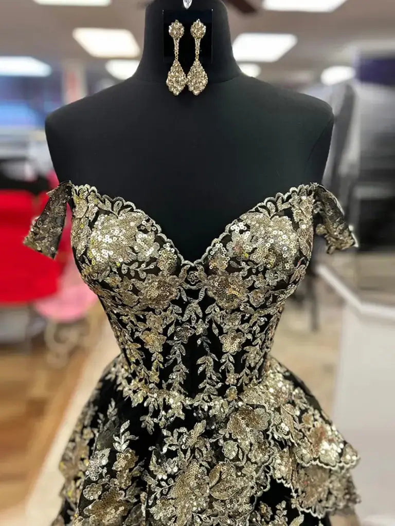 Gold Black Muti Layered Sequin Prom Dresses Off the Shoulder Ruffles