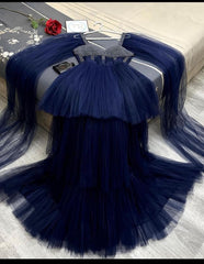 Gorgeous Tiered Ruffle Blue Prom Dresses Long Beaded Tulle Formal Wear