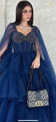 Gorgeous Tiered Ruffle Blue Prom Dresses Long Beaded Tulle Formal Wear