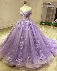 Gorgeous Tulle Purple Quinceanera Dress 3D Lace Appliques Ball Gown Dress