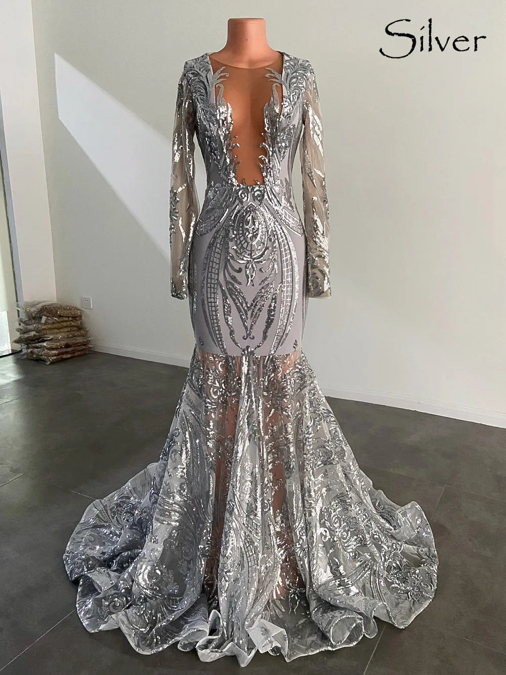 Gorgeous Mermaid Royal Blue Prom Dresses Long Sleeve Sequin Formal Gala Gowns