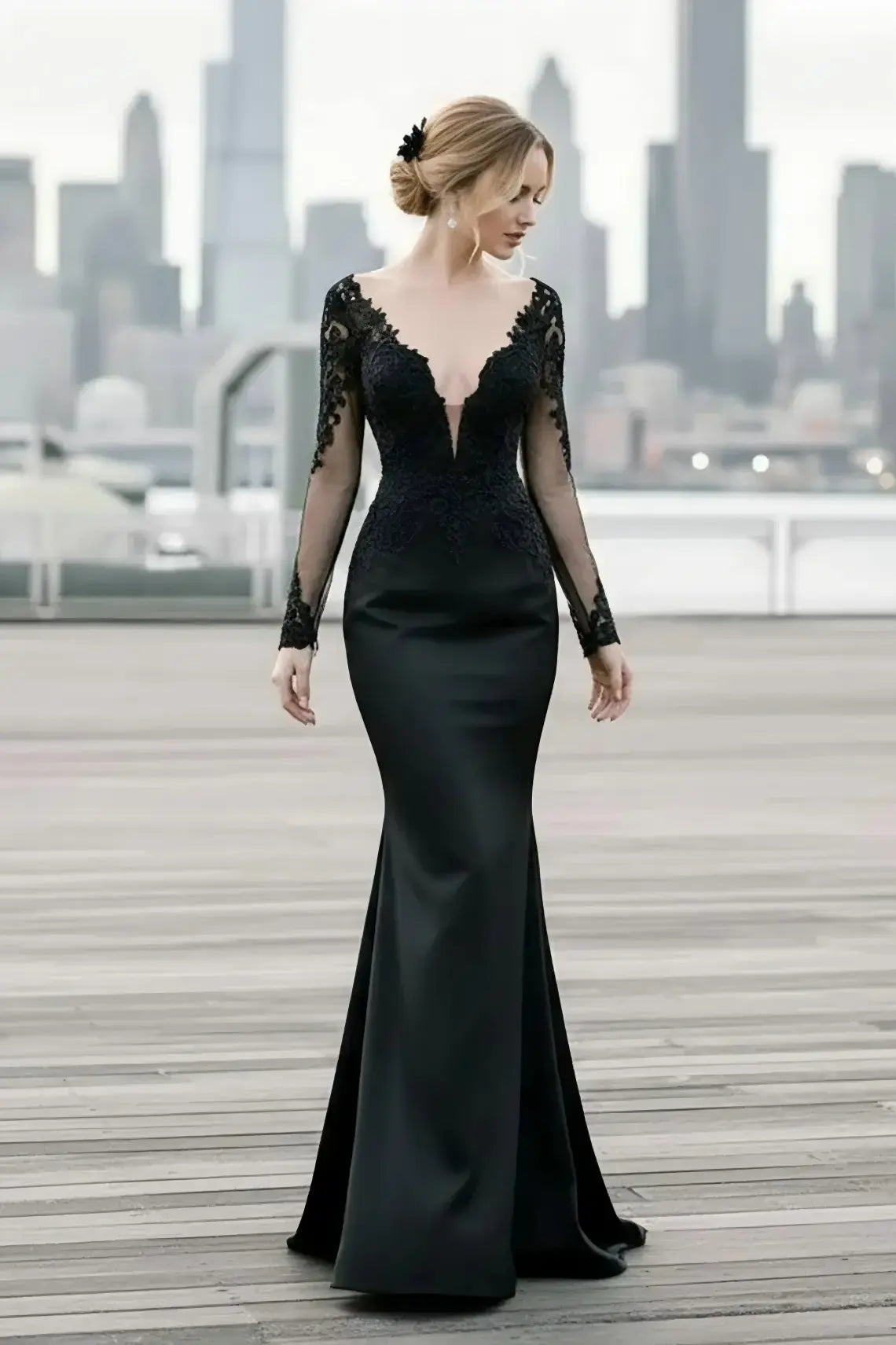 Goth Black Lace Wedding Dress Long Sleeves Mermaid with Train