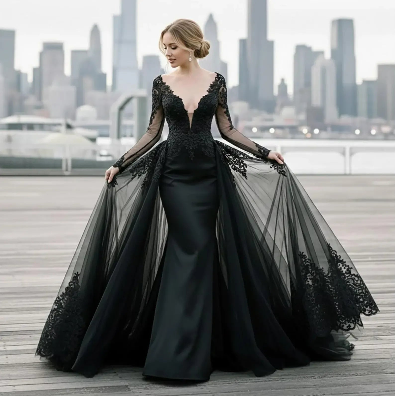 Goth Black Lace Wedding Dress Long Sleeves Mermaid with Train